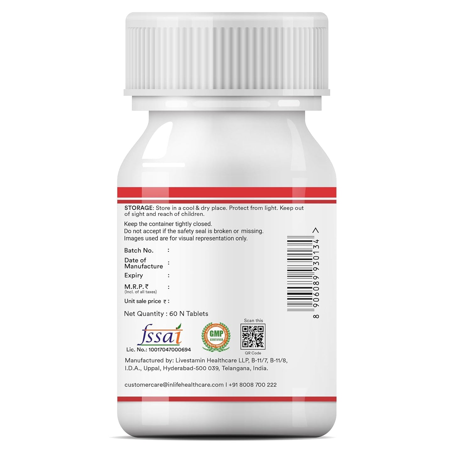 INLIFE Chelated Iron Folic Acid Supplement with Vitamin C, E, B12, Zinc & Selenium for Men Women - 60 Vegetarian Tablets (Pack of 1)