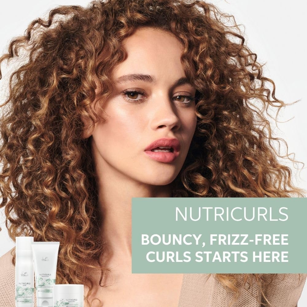 Woman with curly hair featuring Nutricurls product packaging.