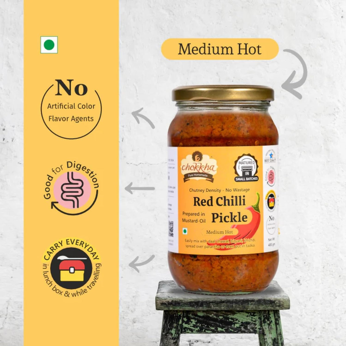 Chokkha Homemade Red Chilli Pickle (Chutney Form) | Lal Mirch ka Achar | Traditional Age Old Recipe | Sundried and Freshly Grounded Spices | No Vinegar, Colors or Additives | Mustard Oil Sarso | Medium Spicy | 400 Gm