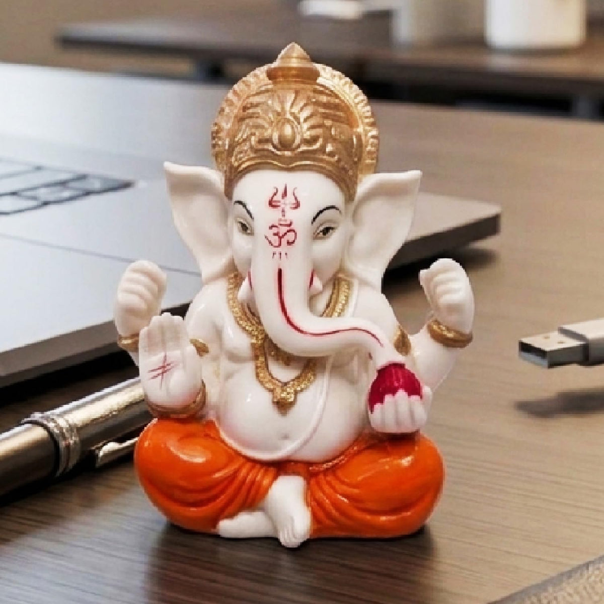 Ganesha Idol for Car Dashboard Ganesha Murti Ganpati Idol Home Decor Puja Lord Ganesh Statue Gift for Office for Office Desk Puja Room Figurine (Orange and Cream 2.5 inches)