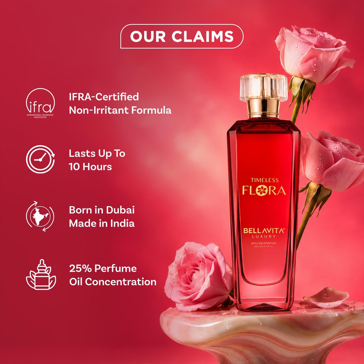BELLAVITA TIMELESS FLORA | Dubai Crafted | Perfume For Woman | 100ml | 25% Oil Concentration | Rose, Mandarin, Sandalwood & Patchouli | Premium Long Lasting Perfume