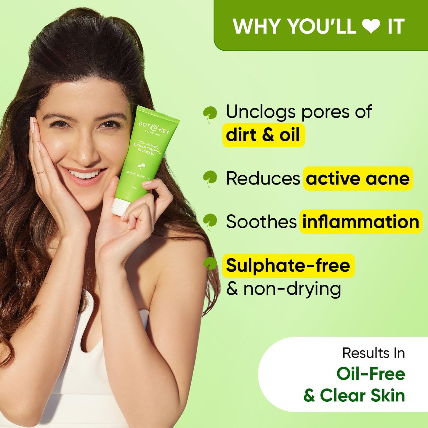 Zephivo Dot & Key CICA Face Wash for Acne Prone Skin, 2% Salicylic Acid Face Wash with Green Tea | For Oily & Sensitive Skin | Sulphate Free Face Wash for Men & Women | Oil Control Face Wash with Zinc | 100ml