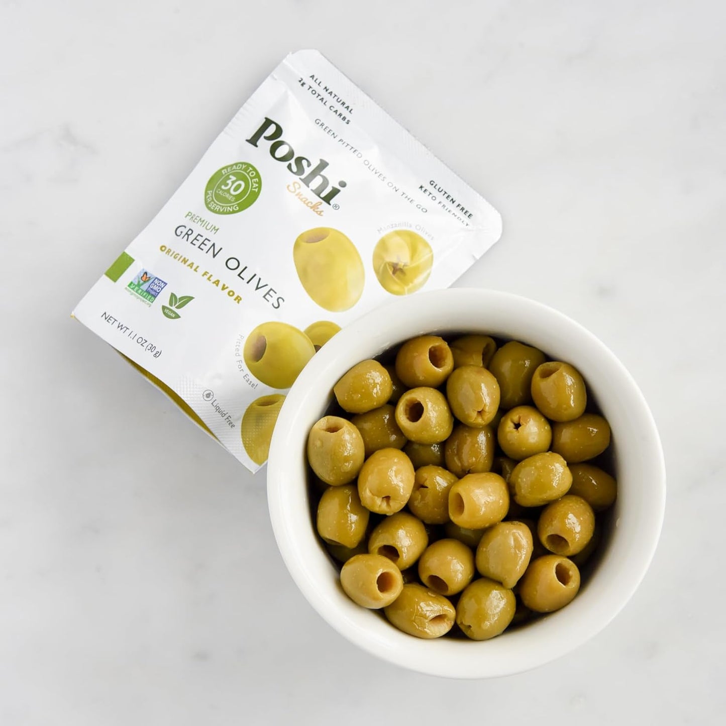 Poshi Green Olives On-The-Go - Single Serve Pitted Olives - Convenient and Healthy Snack Packs - All Natural, Non-GMO, Kosher, Gluten-Free - 1.1 Oz