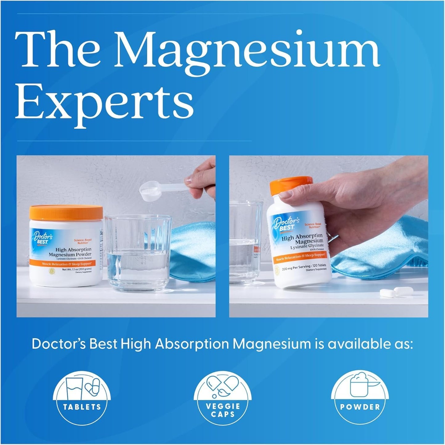 Advertisement for Doctor's Best High Absorption Magnesium with product images and text on a blue background.