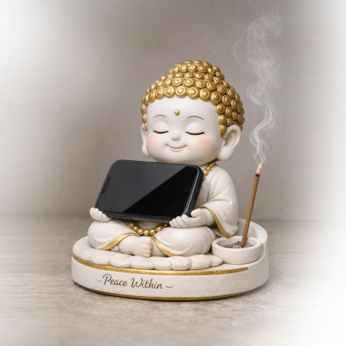Baby Buddha Statue for Home Decor, 5 Inch White and Gold | Meditation Buddha Idol | Cute Monk Showpiece for Living Room, Office Desk, Table Decor & Gift Item