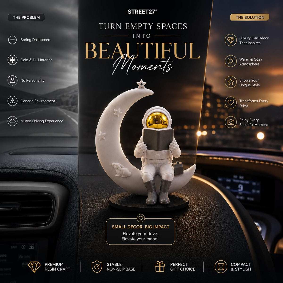 Astronaut Figurine Showpiece for Home Décor, Office Desk, Car Dashboard & Table Decoration | Space Astronaut Statue Collectible Gift for Home, Room & Workspace (Reading on Moon Golden)