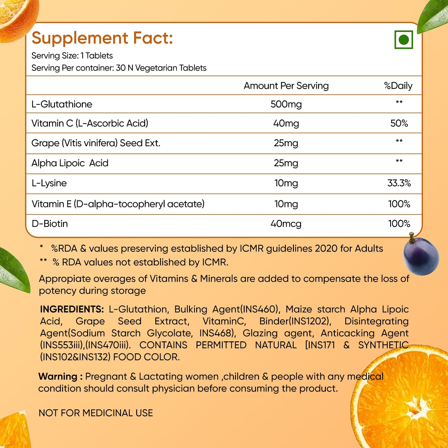 Herbalmax L-Glutathione Tablets with Vitamin C Skin Whitening, Brightening & Radiance Powerful Antioxidant & Immunity Booster Natural Detox Support 30 Tablets
