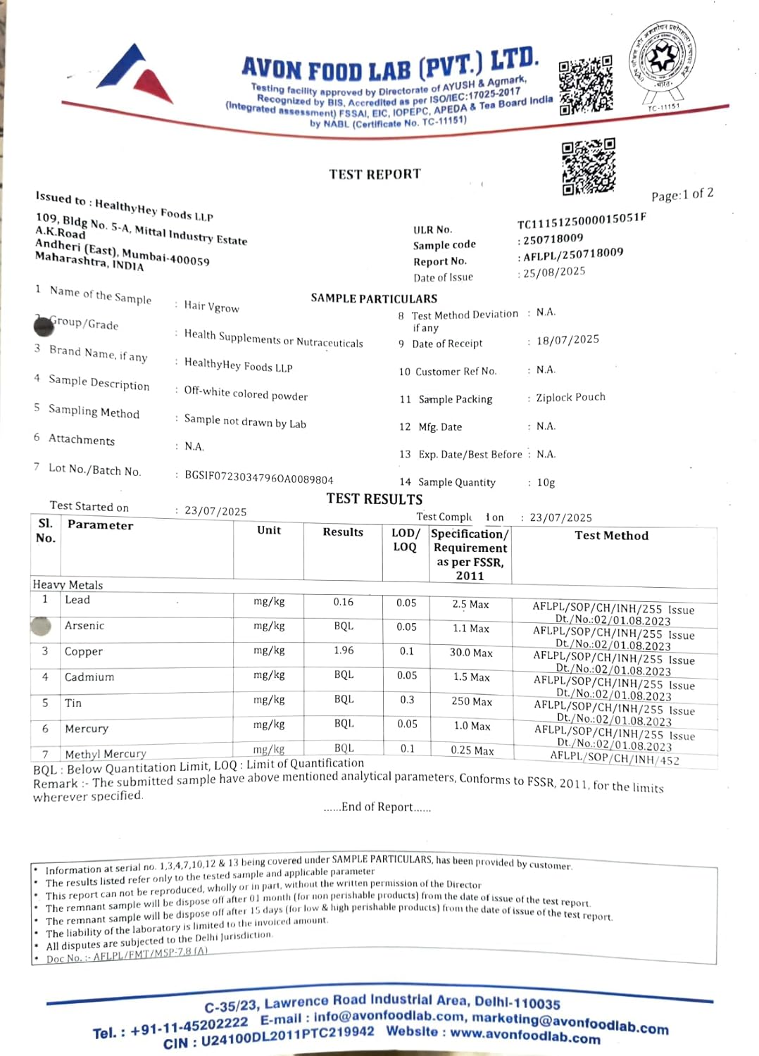 Avon Food Lab test report with various parameters and results.