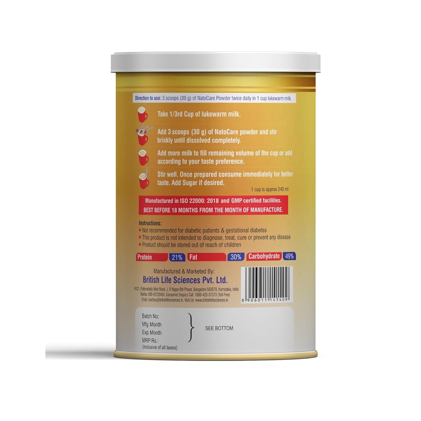 Back view of a supplement powder container with text and labels on a white background