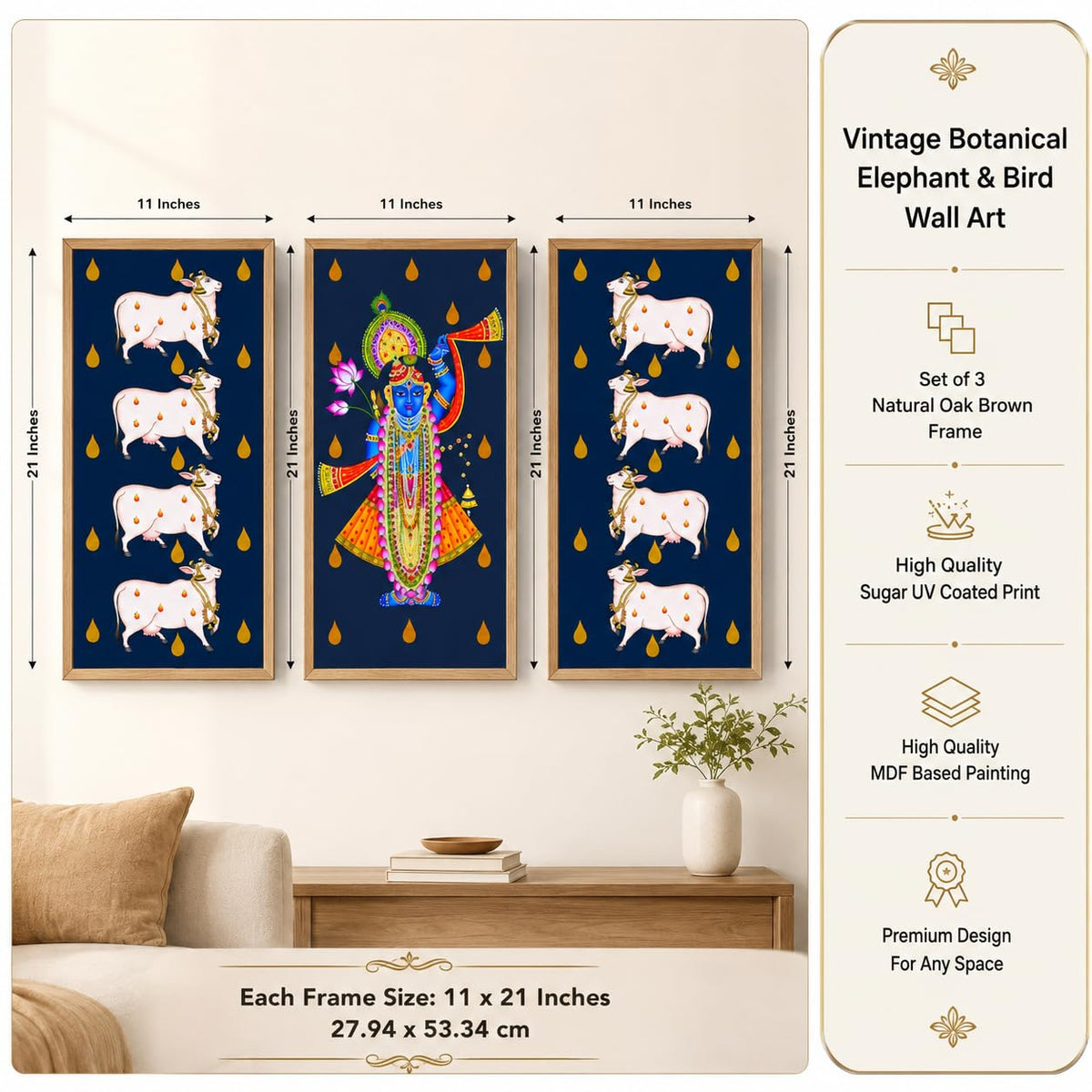 Set of 3 Shrinathji Cow Pichwai Wall Paintings with Sparkle Laminate, Premium Wooden Synthetic Frame, Krishna Religious Art for Living Room Bedroom Temple Decor