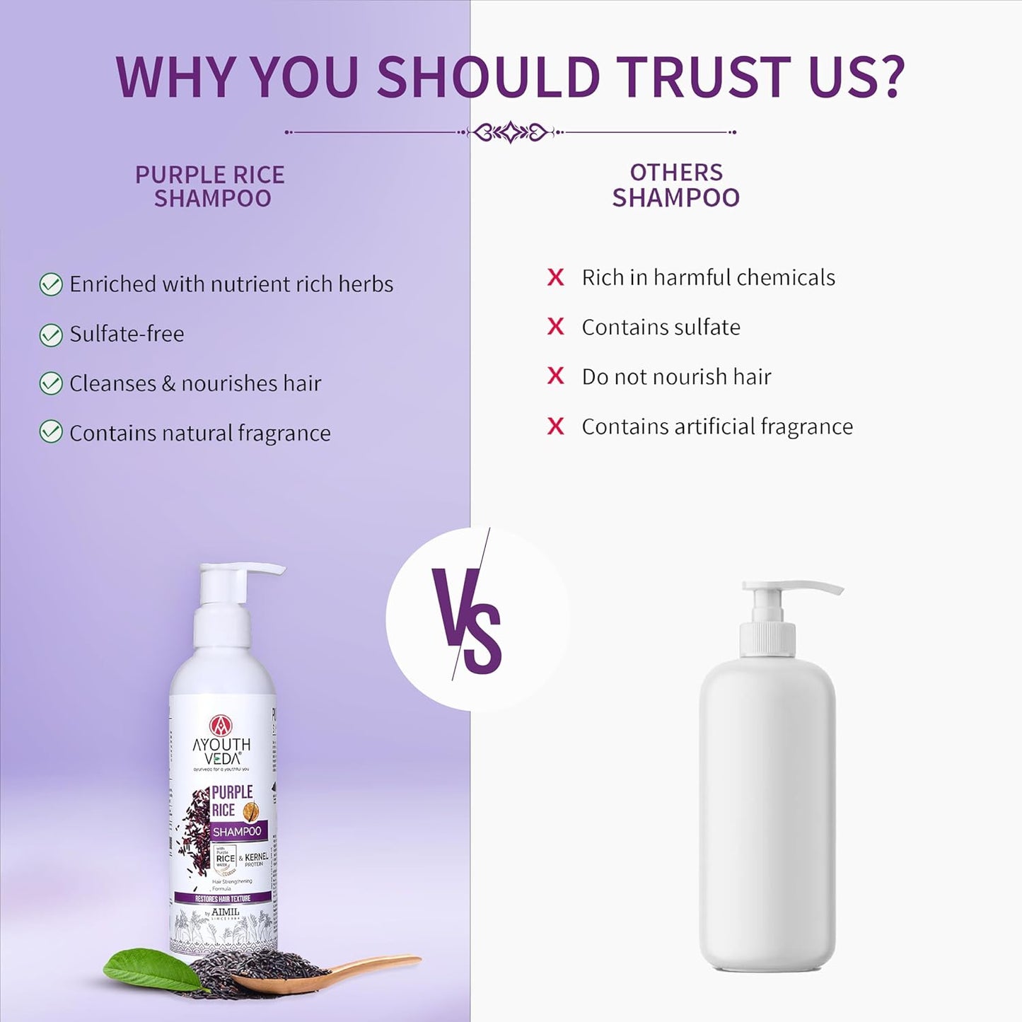 Ayouthveda Purple Rice Water & Kernel Protein Shampoo | With the Goodness of Betel Leaves & Guava Leaves | For Damage & Frizzy Hair | Helps To Restore Hair Texture (Pack of 1; 200ml)
