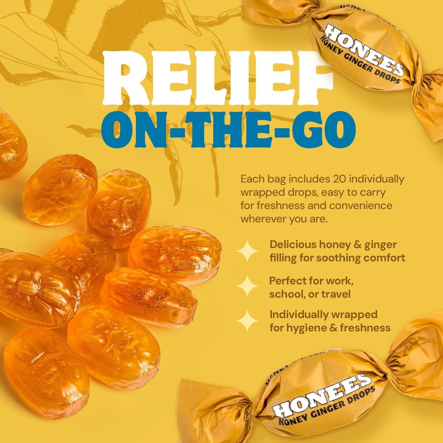 Honees Filled Honey Ginger Drops, Natural Cough Drops- Pure Ginger Sore Throat Relief - Nothing Artificial -Throat Coat Lozenges, Natural Cough Suppressant, Non-GMO, Gluten Free (1 Pack – 20 Drops)