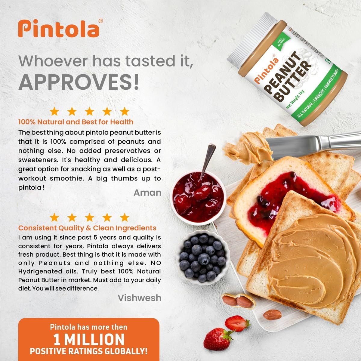 Pintola All Natural Peanut Butter Creamy 350g | Smooth | Unsweetened | 30g Protein | Gluten & Cholesterol Free, Vegan Peanut Butter, Nut Butter, High in Protein Spread, 100% Roasted peanuts butter