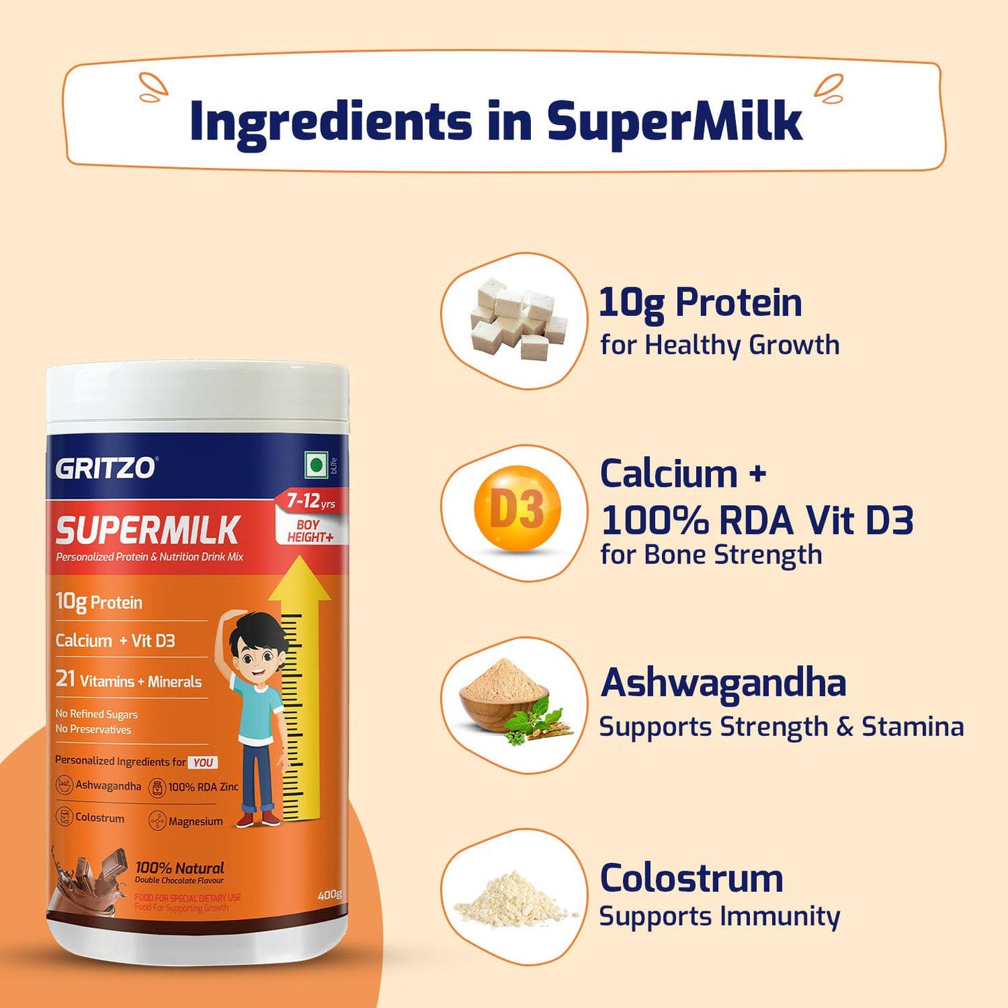 Gritzo SuperMilk Height+ (7-12y Boys), 10g Protein Powder (Double Chocolate, 400g) | Zero Refined Sugar, 21 Vitamins & Minerals