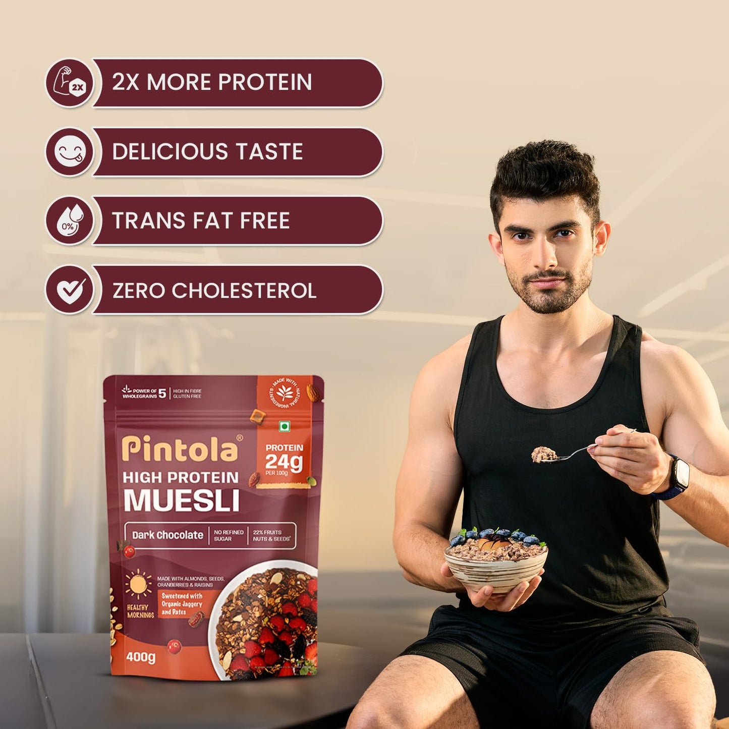 Pintola High Protein Muesli Dark Chocolate & Cranberry 400g, 24g Protein, High Fibre, Trans Fat Free with Brown Sugar, Real Fruits, Muesli for Breakfast Food, Muselies Fruit Nuts and Seeds (400g)