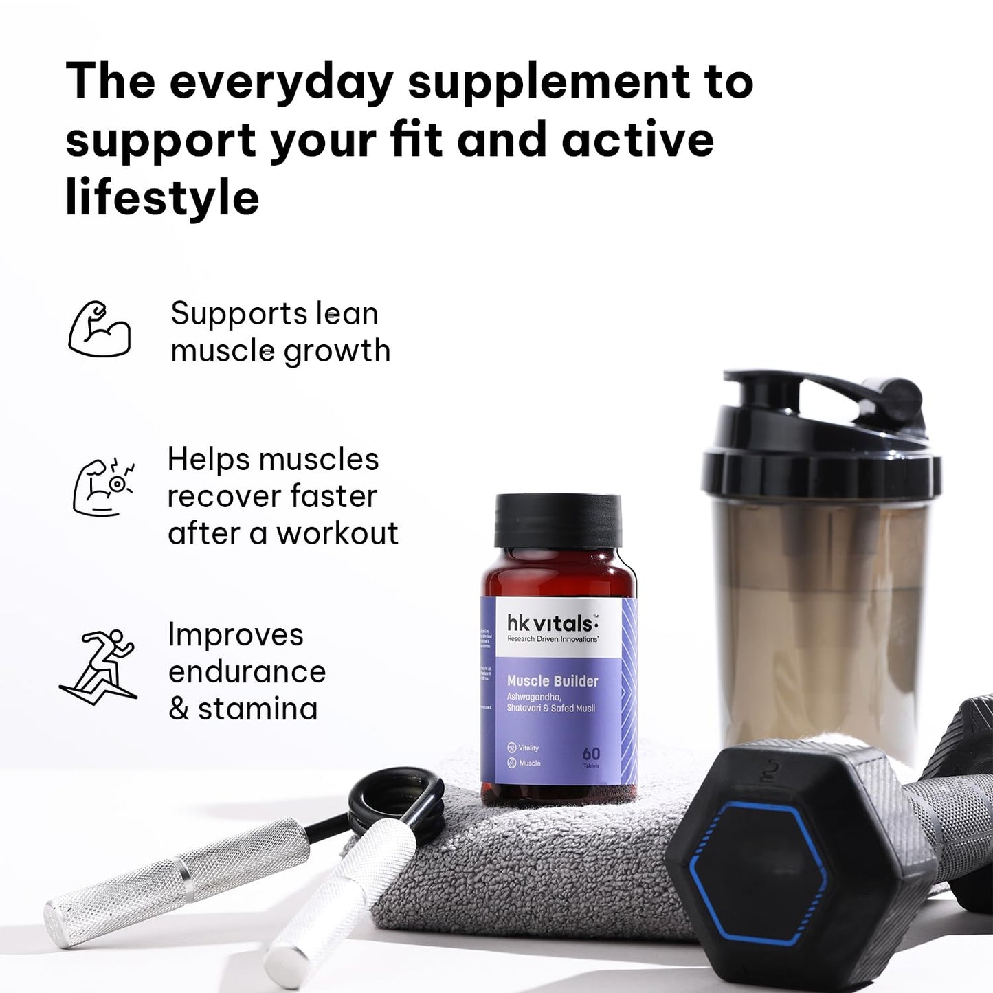 HealthKart hk vitals Muscle Builder (60 Tablets) | Blend of Ashwagandha, Shatavari and Safed Musli | For Immunity, Muscle Strength and Vitality