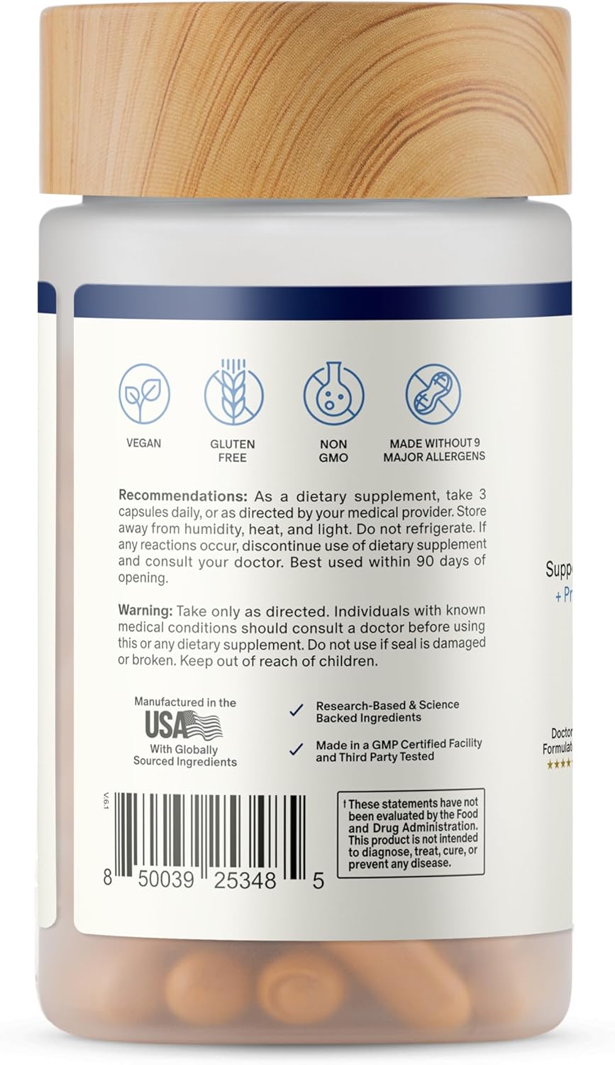 Supplement bottle with wooden cap and label displaying text and icons.
