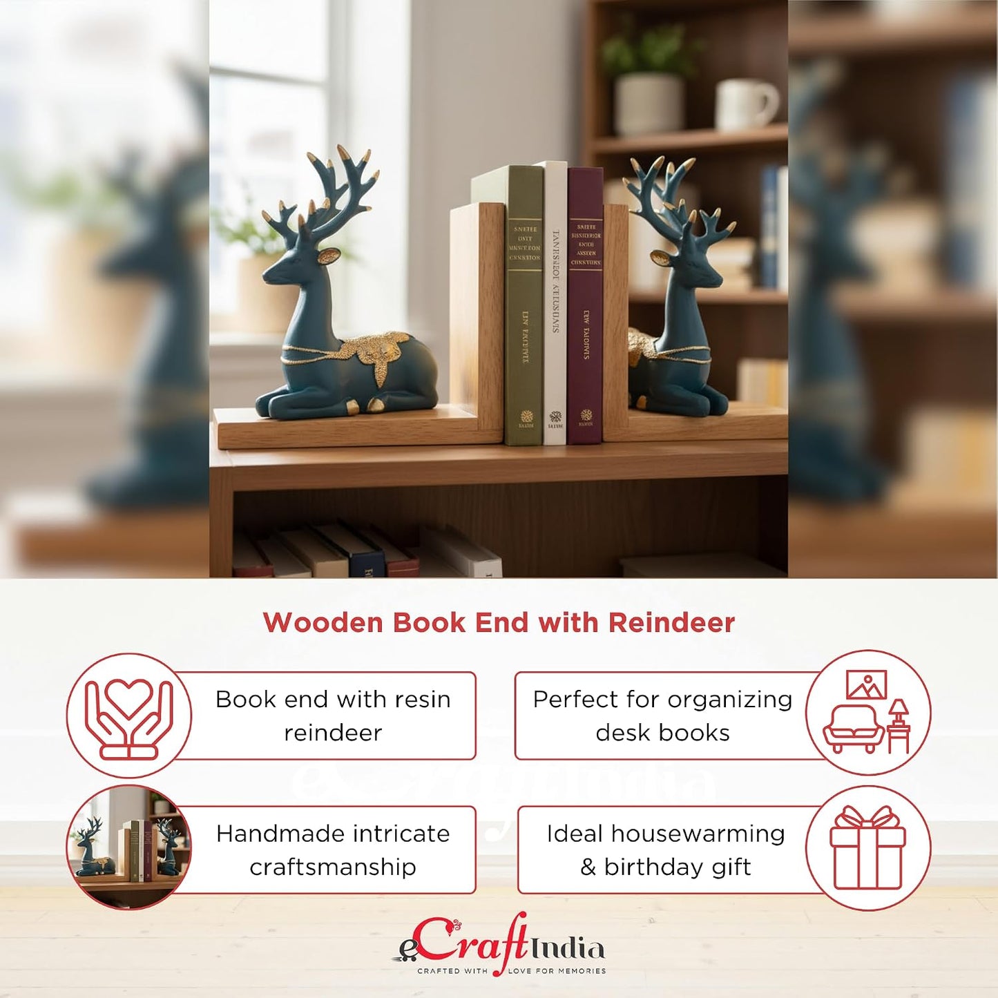 eCraftIndia Wooden Book End with Resin Reindeer Sculptures Showpiece for Home Decor Office Table | Gift for Housewarming Birthday