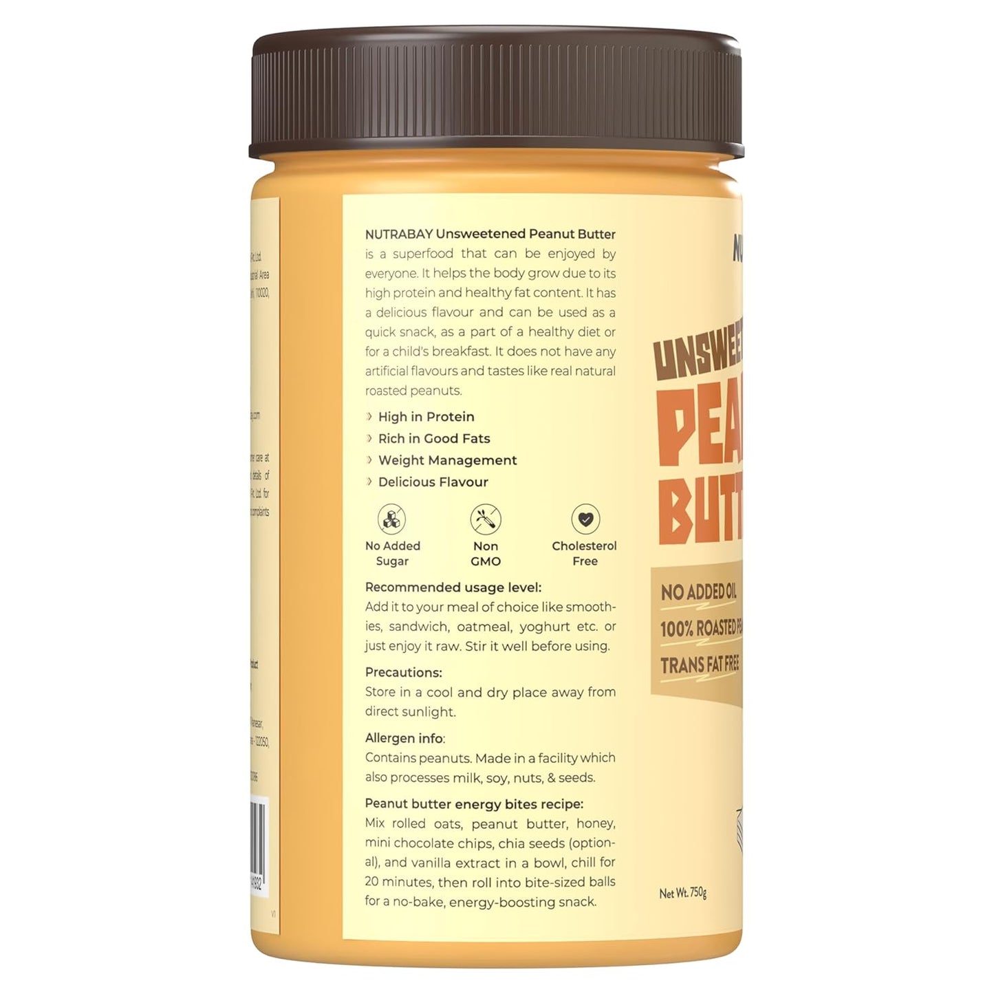 Nutrabay Foods All-Natural Peanut Butter (Creamy) - Unsweetened, 750g | 100% Roasted Peanuts, 28g Protein, Zero Cholesterol, Vegan, Gluten Free, Non GMO