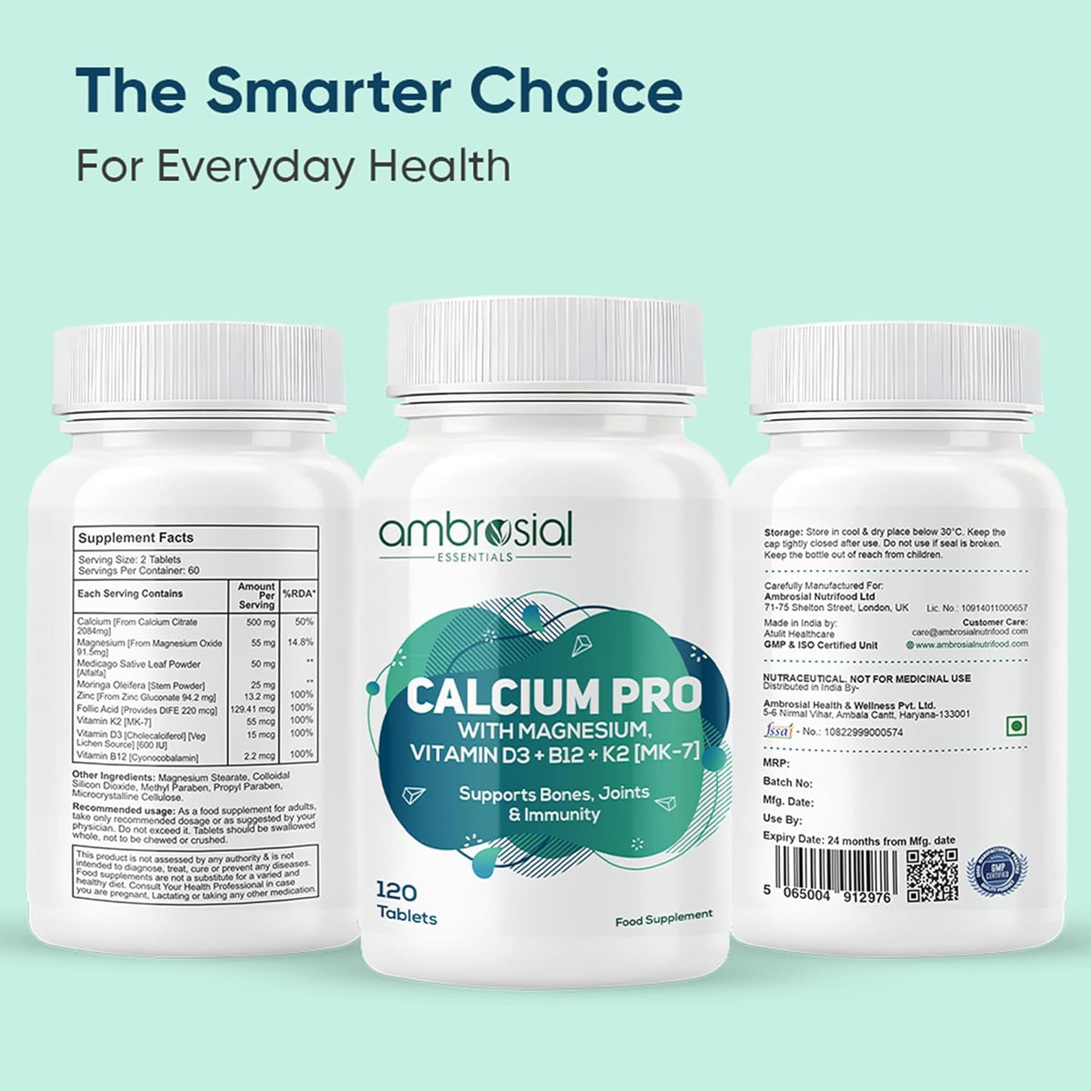 Three bottles of ambrosial Calcium Pro supplement on a light green background with text 'The Smarter Choice For Everyday Health'.