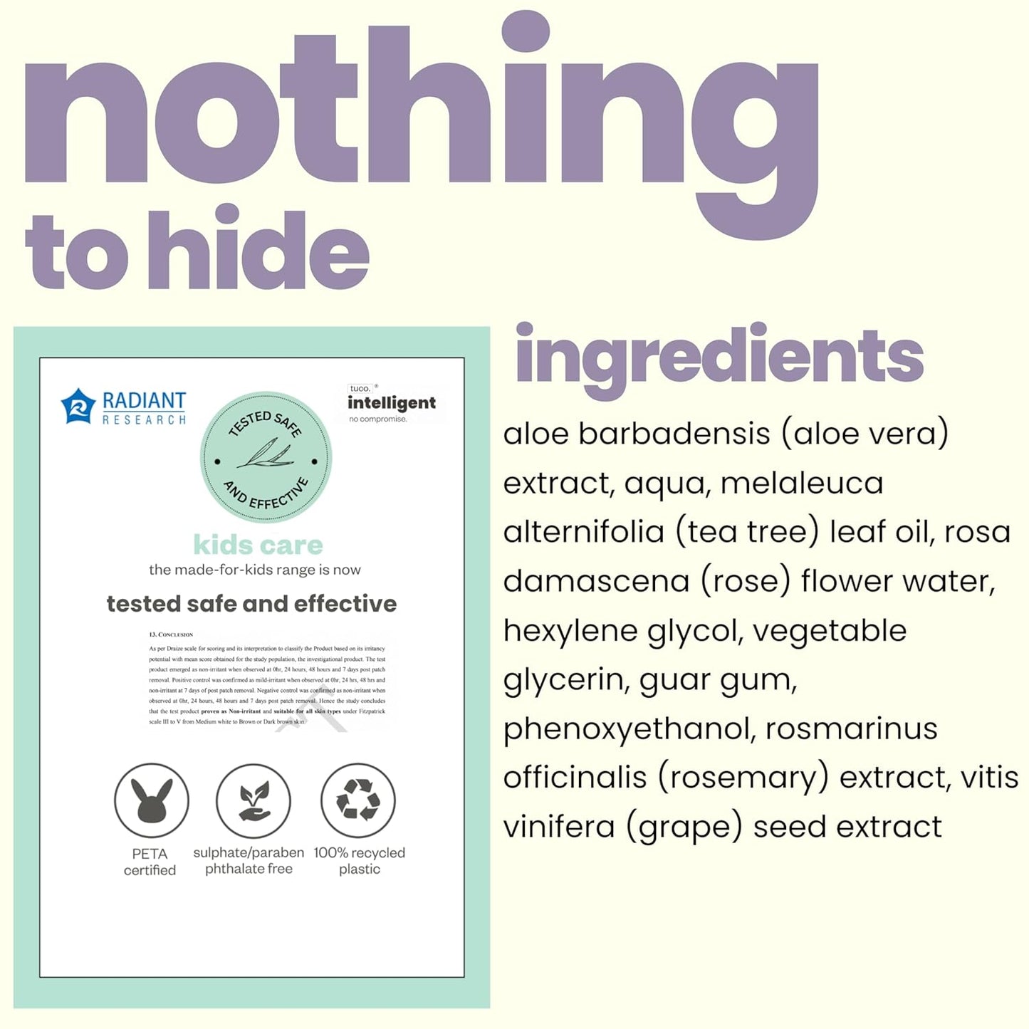 Product label with ingredients list and branding on a white background