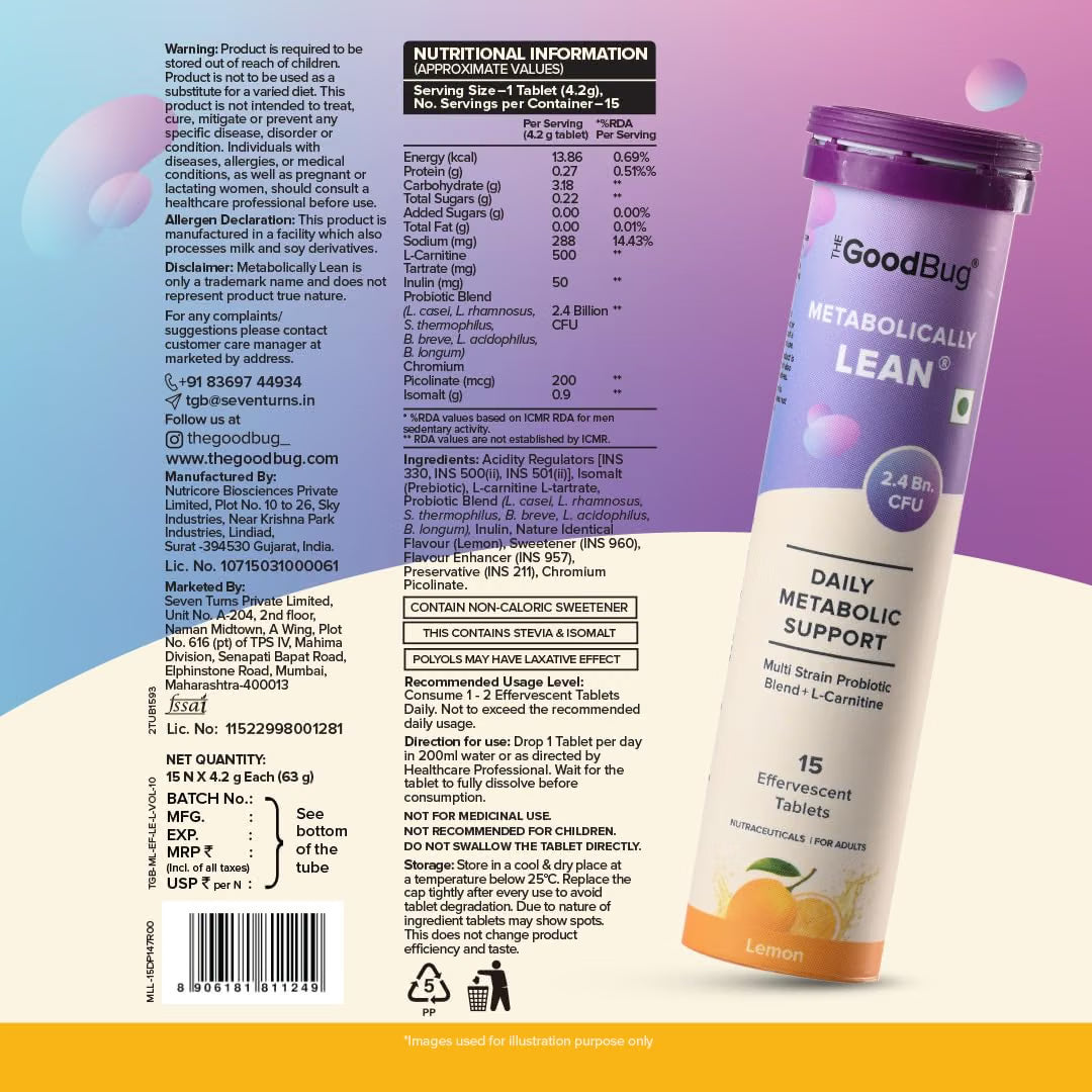 The Good Bug Metabolically Lean Effervescent Tablets - Lemon | with L-Carnitine & Probiotics| Supports Weight Management, Gut Health & Craving Control | 15 Tablets