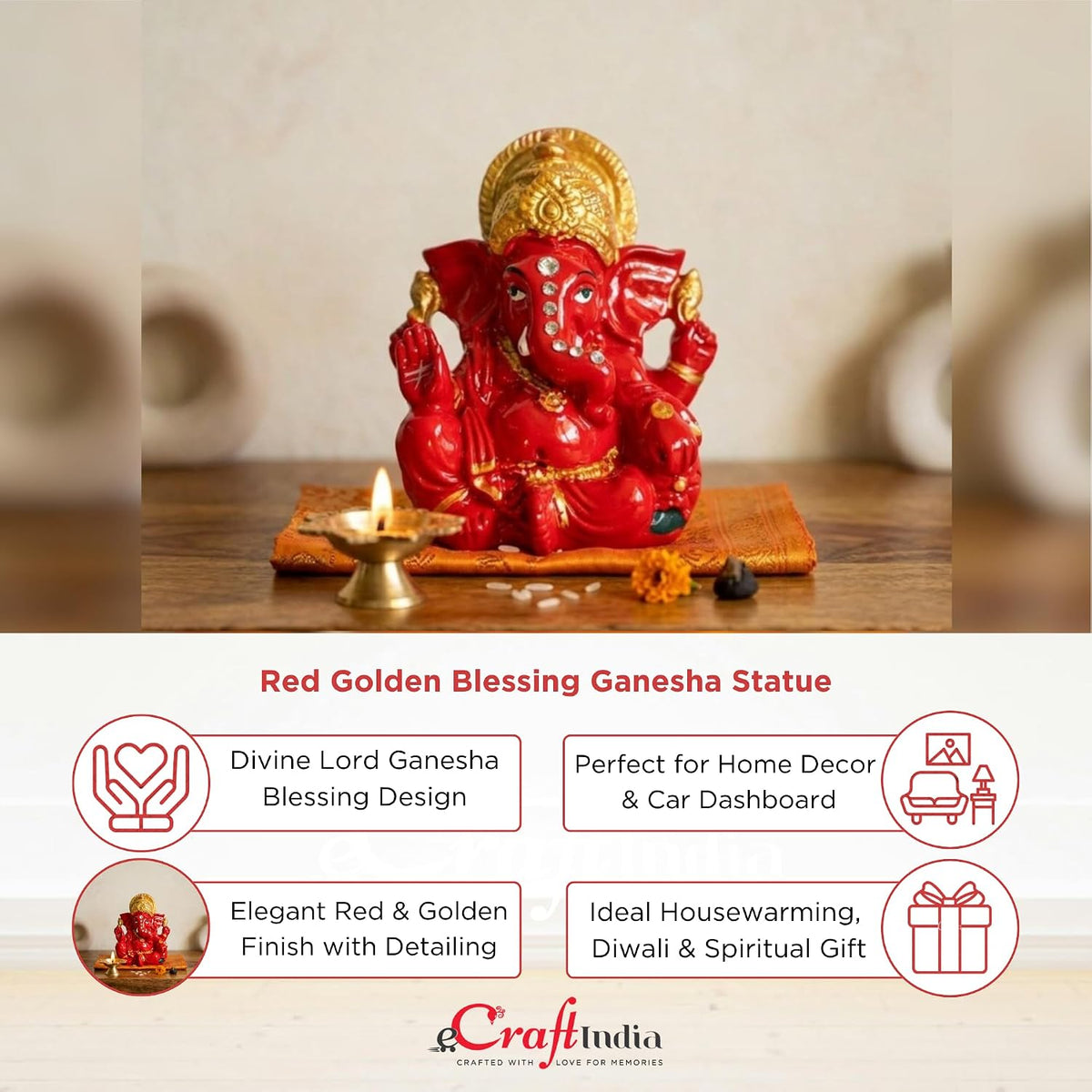 eCraftIndia Red Golden Blessing Ganesha Statue | Lord Ganesha Idol for Home Decor Car Dashboard | Ganesh Ganpati Murti Gift for Diwali Housewarming Birthday