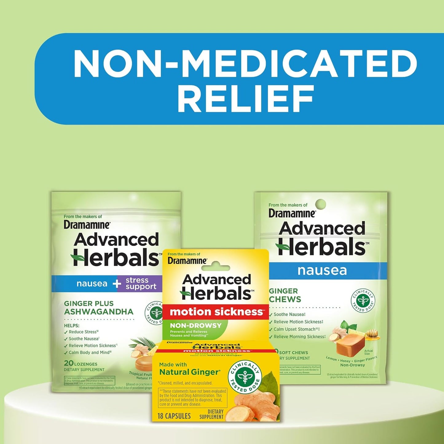 Dramamine, Advanced Herbals, Ginger Chews, Nausea Relief Soft Chews Lemon-Honey-Ginger, 20 Count