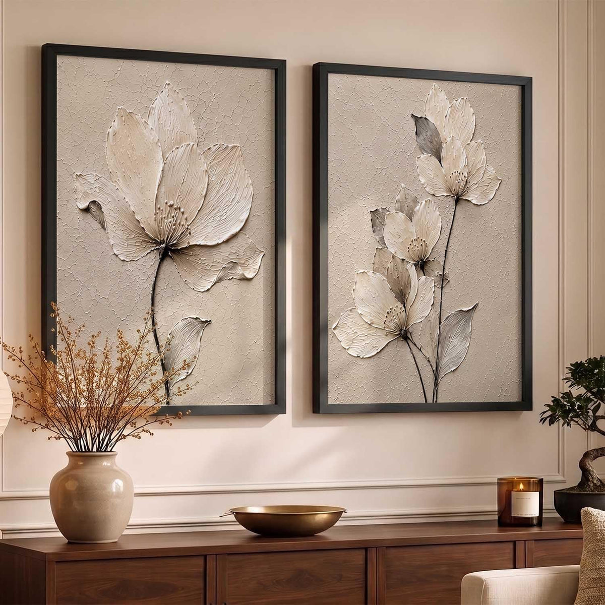 2 Piece Framed Wall Art Set, 3D Textured Floral Botanical Painting, Modern Abstract Flower Wall Decor for Living Room Bedroom Dining Room Office, Ready to Hang, Ideal for Housewarming Gift (design 3, 13X19, Black)