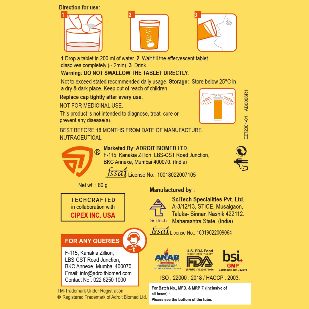 Back label of a product with usage instructions, branding, and certification logos on a yellow background.