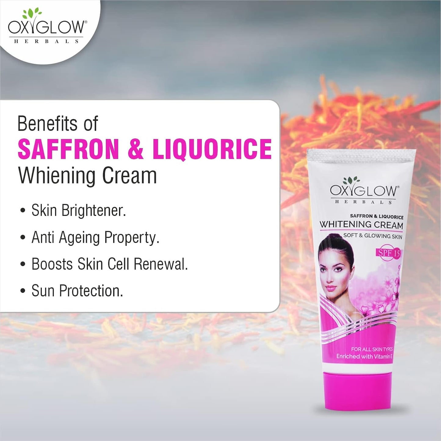 Oxyglow Herbal Saffron and Licourice Fairness Face Glow Cream for Soft and Glowing All Types of Skin SPF-15 with Vitamin E, Net. 60G (Pack)