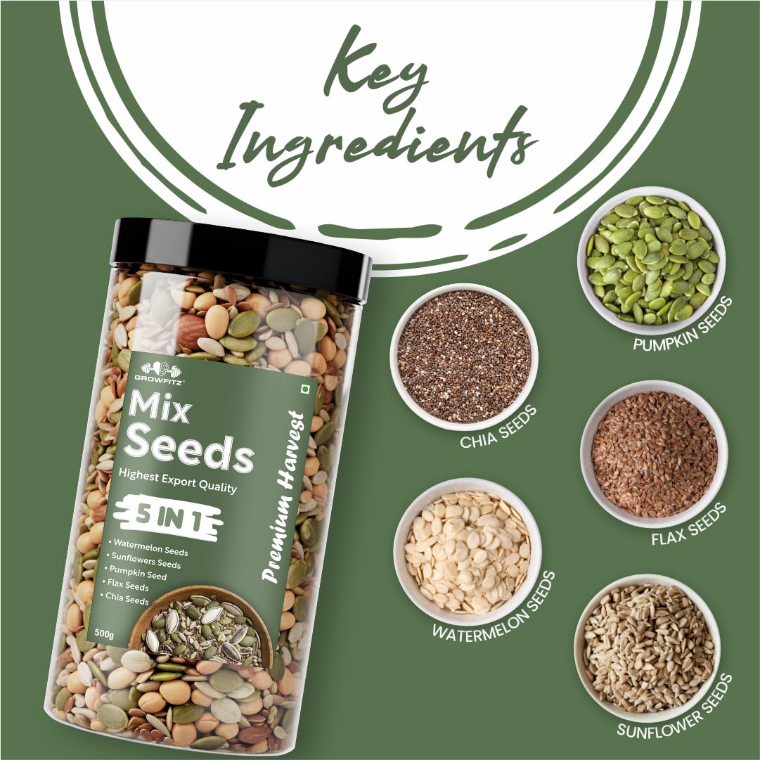 Growfitz 5-in-1 Super Seed Mix | 500g | 20.5g High Protein & Fiber | Roasted Pumpkin, Sunflower, Flax, Chia, Soy Nuts & Sesame | Healthy Snack | Export Quality Superfood