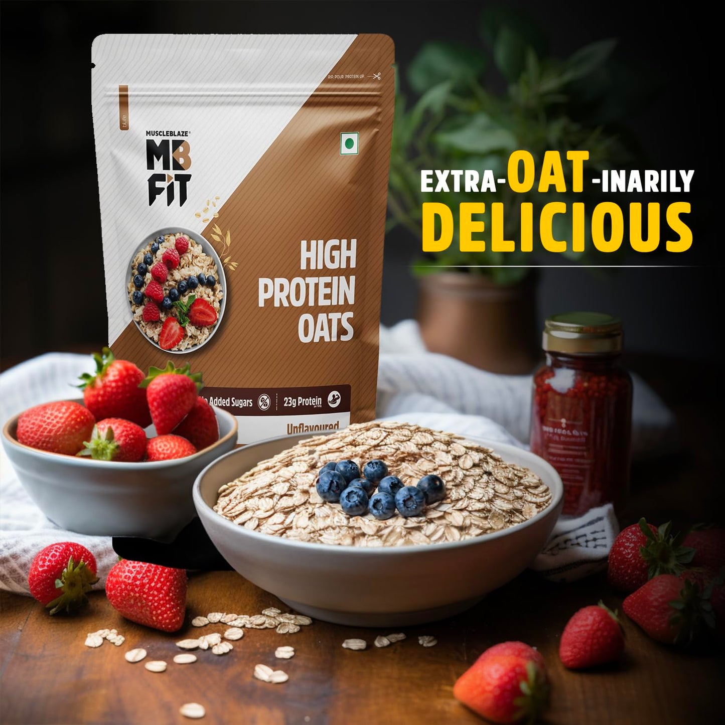 MuscleBlaze Fit High Protein Oats (Unflavoured, 1kg) | 23g Protein | Breakfast Cereals for Weight Management