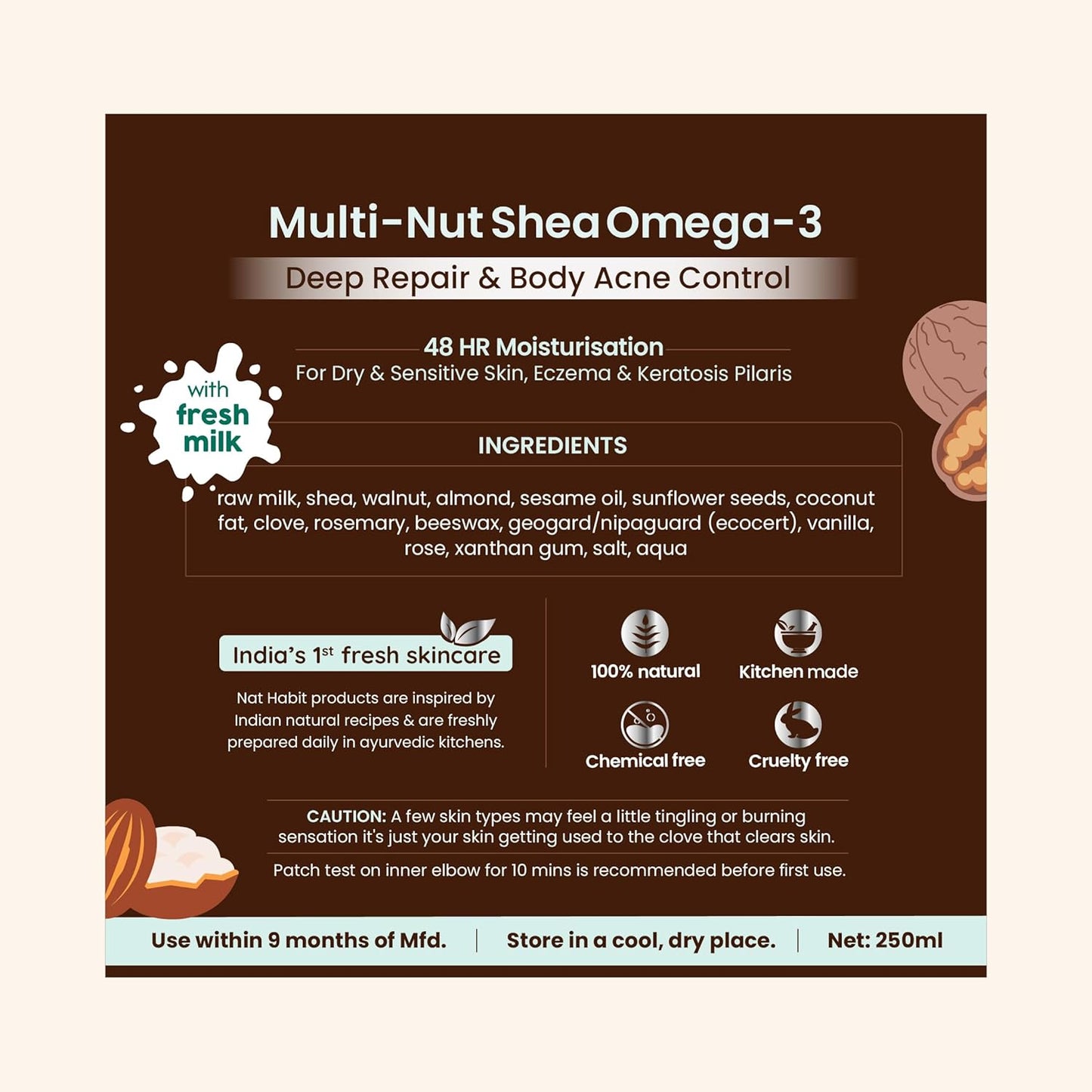 Nat Habit Fresh Whipped Body Lotion, Fresh Malai Lotion Multi-Nut Shea Omega 3, For Deep Skin Repair, Hydration, Body Acne Control & 48 Hours Moisture, 250 ml (Pack of 1)