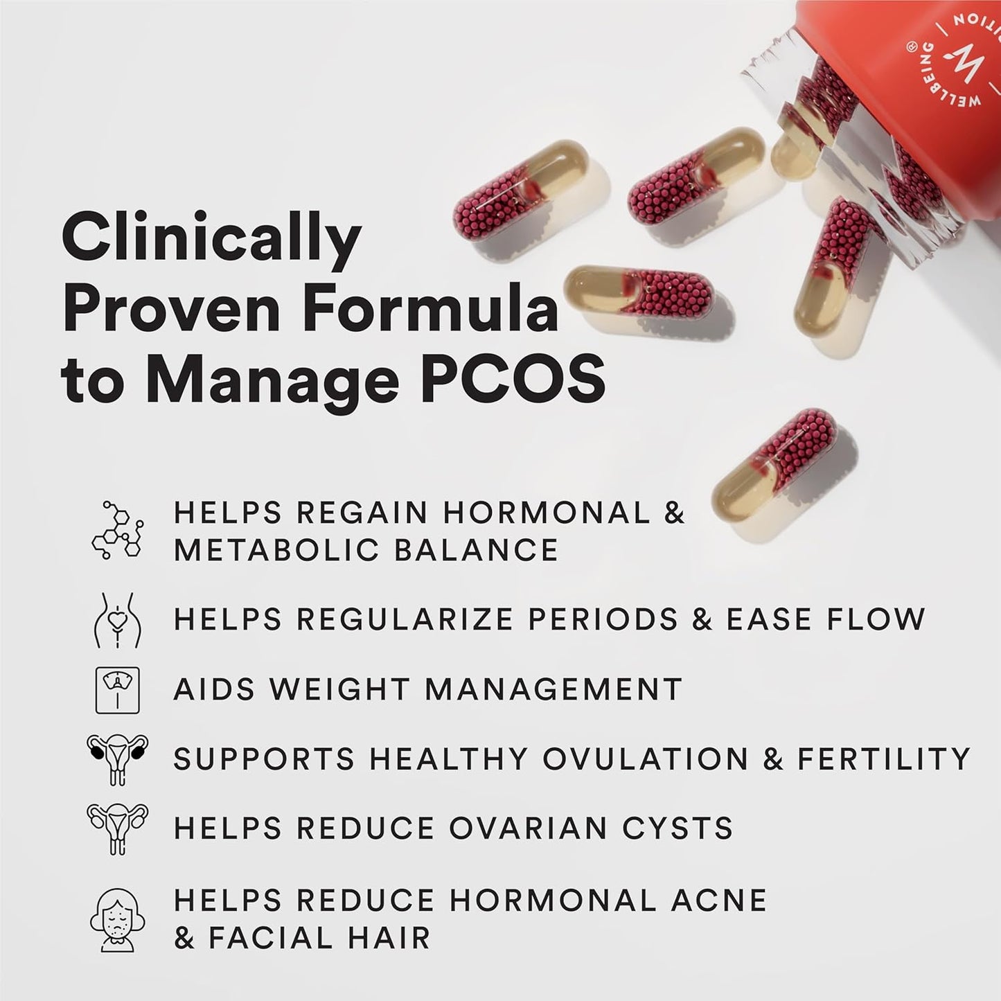 Wellbeing Nutrition PCOS Supplement for Women | Caronositol, Myo-inositol, Vitamins | Balance Hormones, Regularize Periods, Reduce Acne & Facial Hair | Weight Management | 60 Veg Capsules