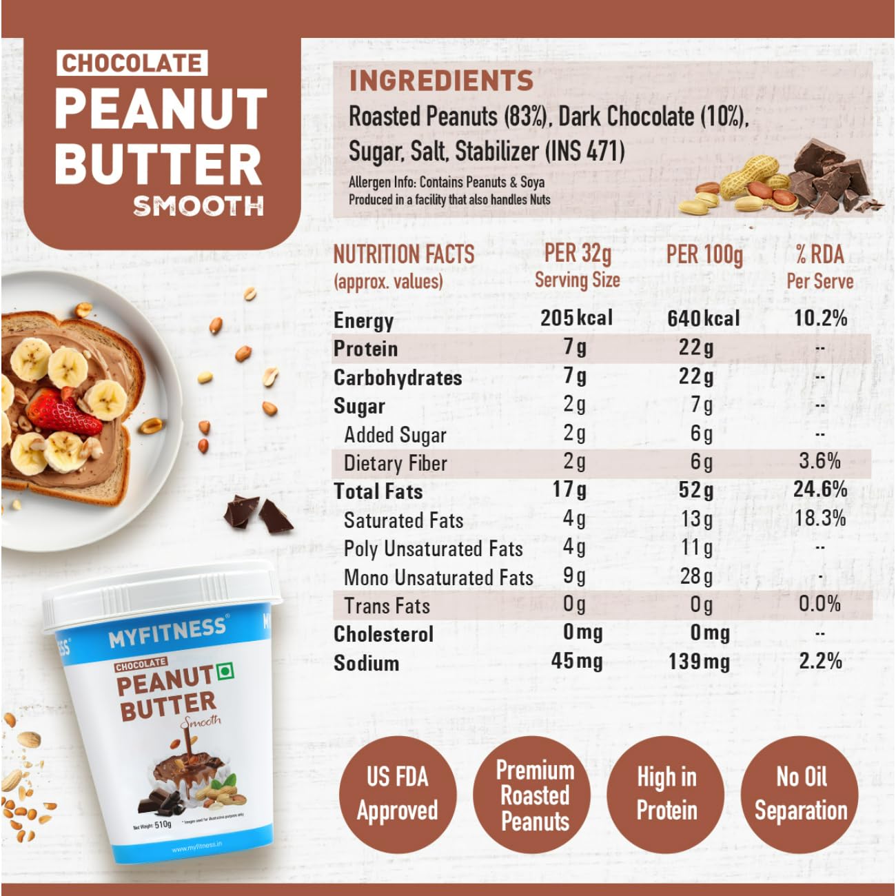 MYFITNESS Peanut Butter Chocolate Spread Smooth 510g | 22g Protein & 6g Fiber | Tasty & Healthy Nut Butter Spread for Breakfast & Snacks | Cholesterol Free | Zero Trans Fat | Creamy Peanut Butter