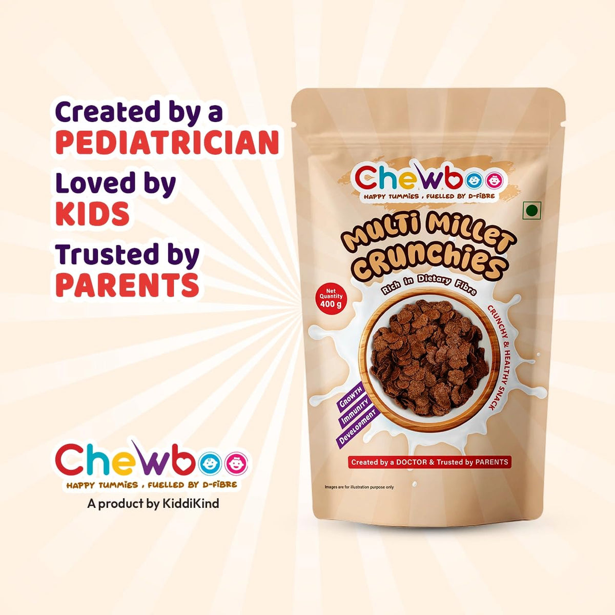Chewboo Cocoa Multi-Millet Crunchies for Kids | Ragi, Jowar, Bajra & Foxtail Grain Cereal Snack | Jaggery Sweetened | Healthy Breakfast Option | 400 g