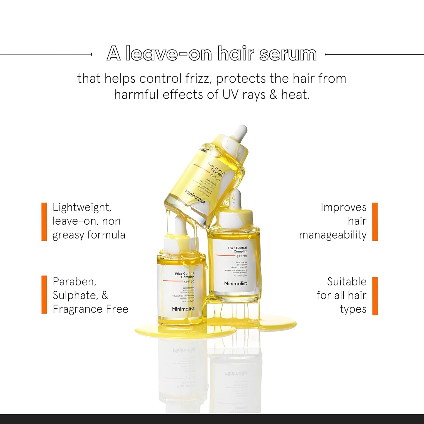 Minimalist Hair Serum for Dry Frizzy Hair with SPF 30, Keratin, Argan Oil & Ceramides| Heat Protection Serum, Smoothens & Protects From UV | Lightweight | Leave In For Women & Men | 50 ml