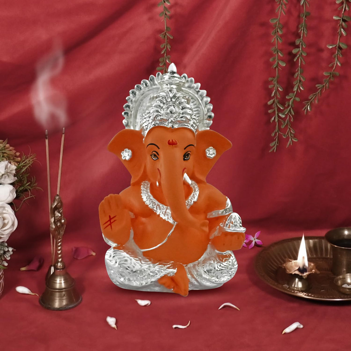 999 Silver Plated Ganesh Idol for Office Desk Puja Room God Ganesha Idol for Home Decor Ganpati for Gift Office Table Shelves Gifting Idol (8.89 x 5.08 cm) (Mango Yellow), Religious