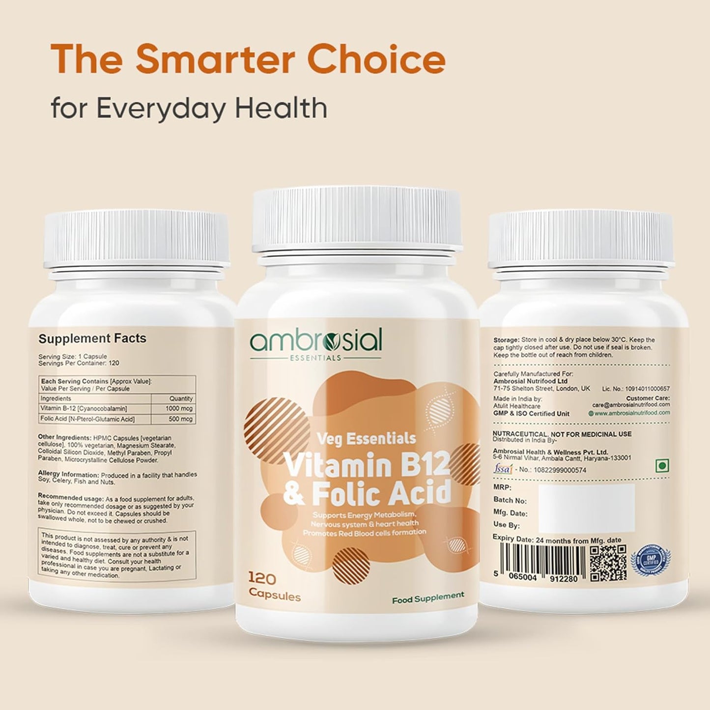 Ambrosial Vitamin B12 1000 mcg + 500 mcg Folic Acid | High Strength 1500 mcg b12 vitamin & Folic Acid |Reduction of Tiredness & Fatigue | B12 Supplement for Immune System & Energy | 120 Vegan Capsules