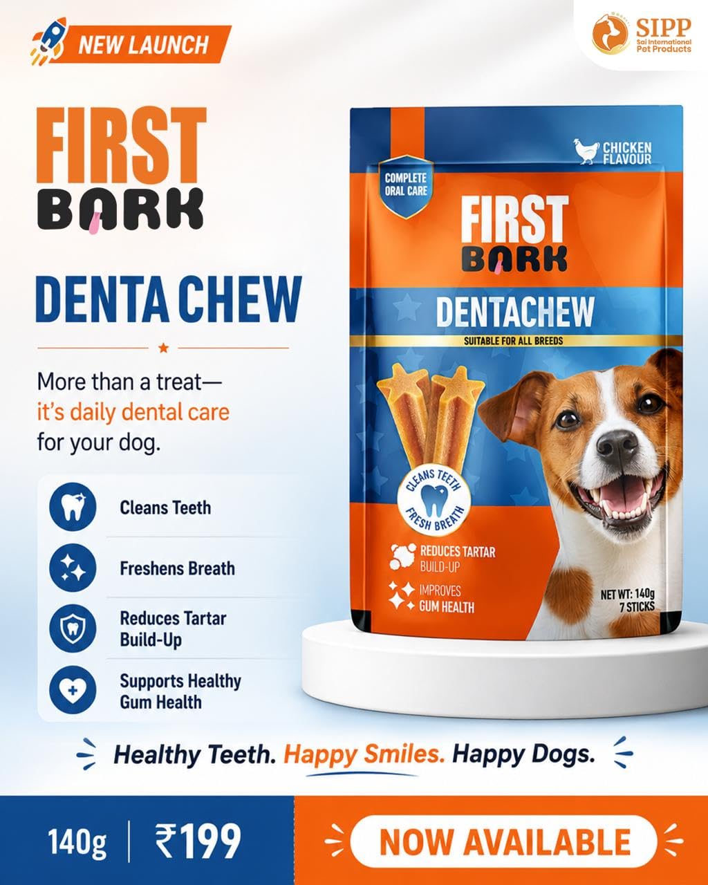 First Bark DentaChew Dog Dental Treats, Chicken Flavour, Cleans Teeth, Freshens Breath, Reduces Tartar, Supports Gum Health, 140g, 7 Sticks (Pack of 1) Newly Launched By DogsNCats