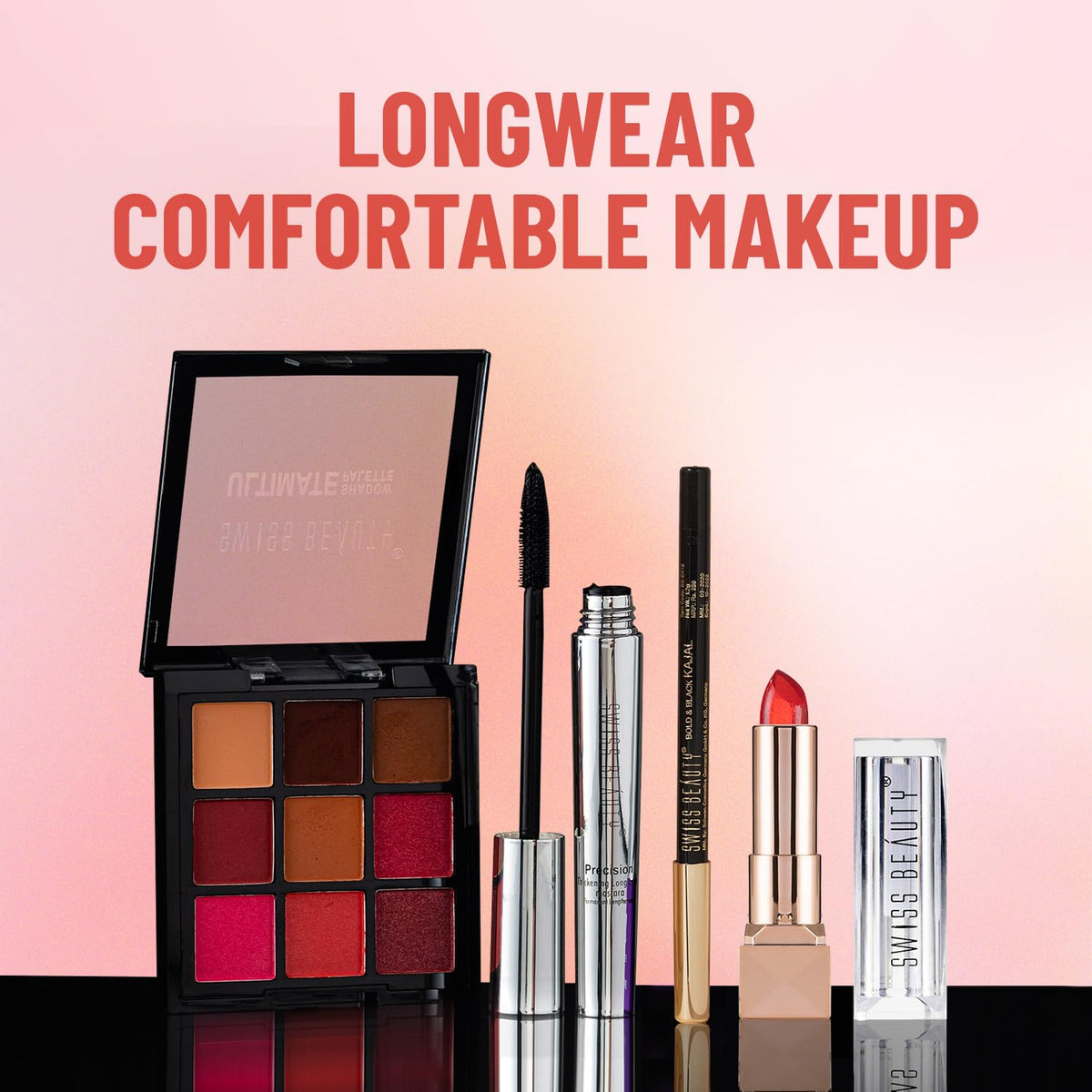 Makeup products including a palette, mascara, eyeliner, lipstick, and concealer with 'Longwear Comfortable Makeup' text on a gradient background.