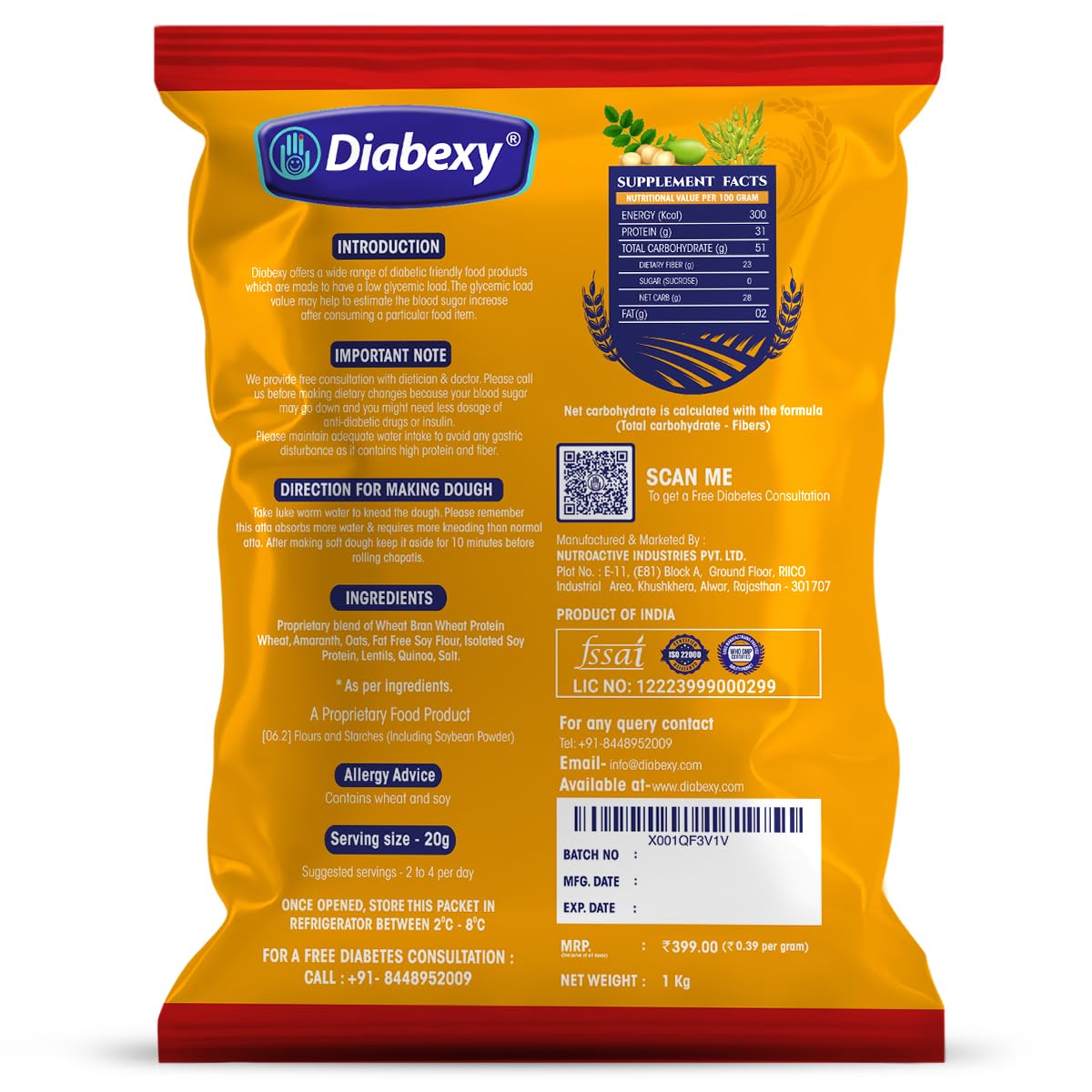 Diabexy Atta Sugar Control LITE Nuts Free for Diabetics - 1kg