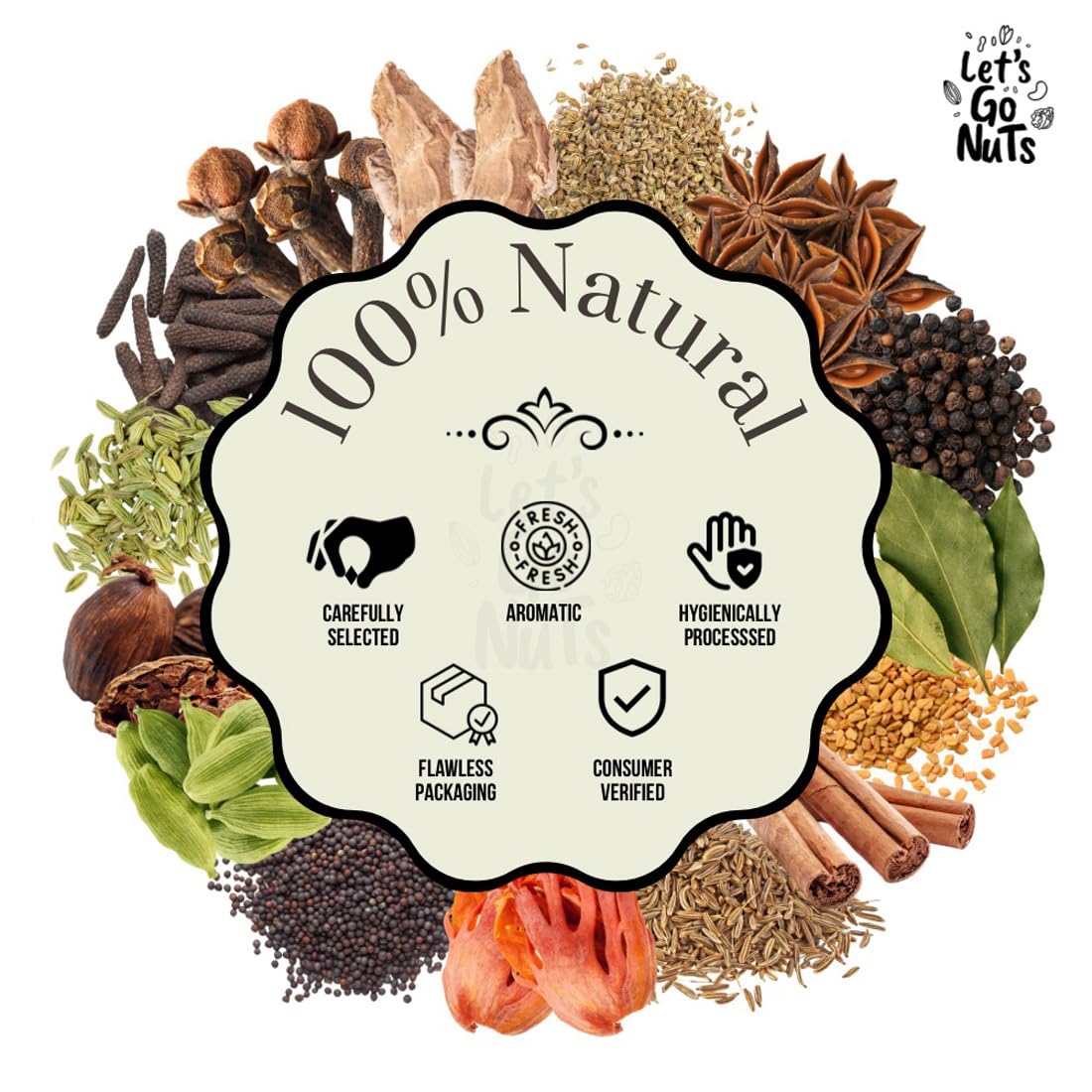Let's Gonuts Real Wealth For Your Health Set of 15 Aromatic Whole Garam Masala Spices Combo Contains Spices like Cinnamon, Cardamom 725g