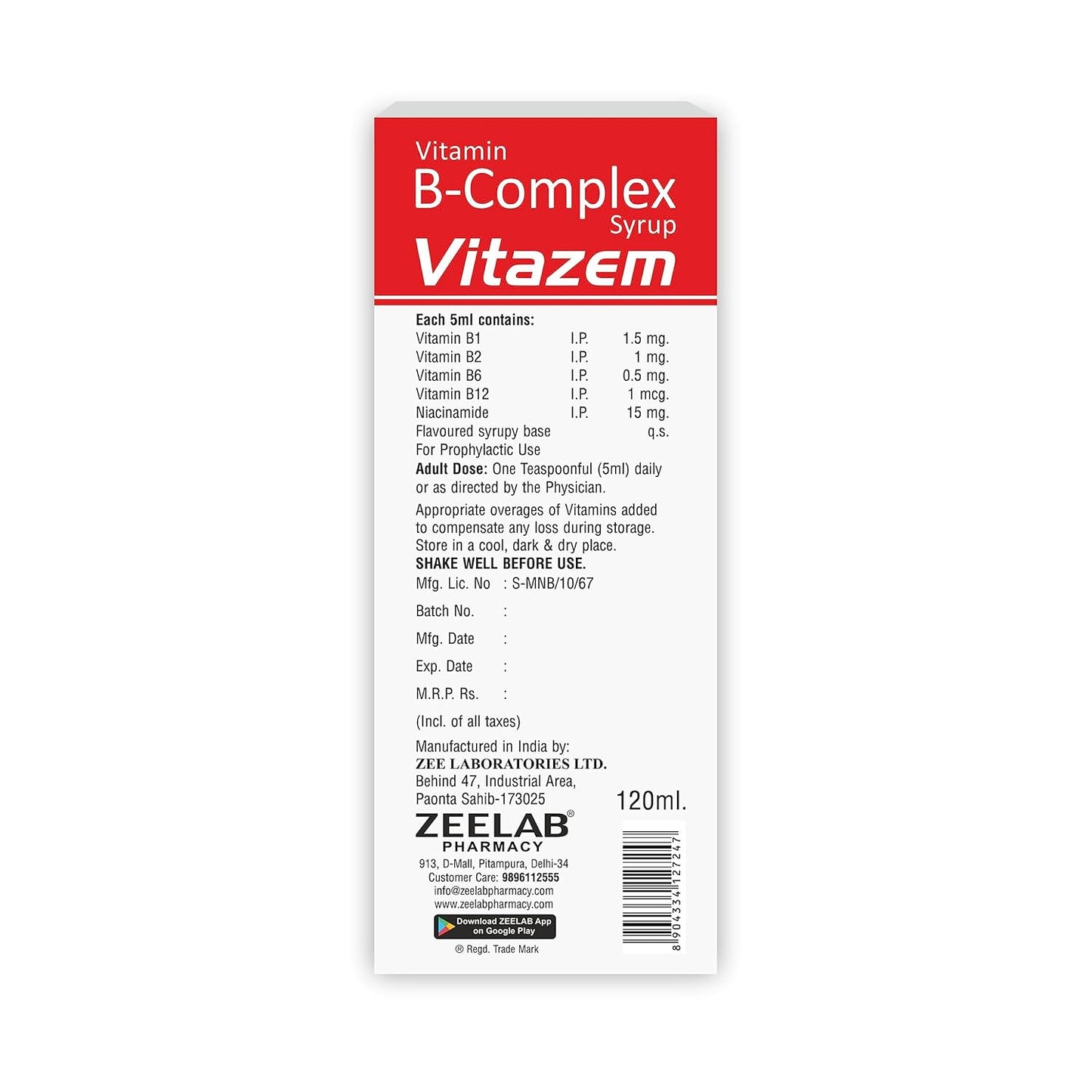 Vitazem Vitamin B-Complex Syrup label on a white background