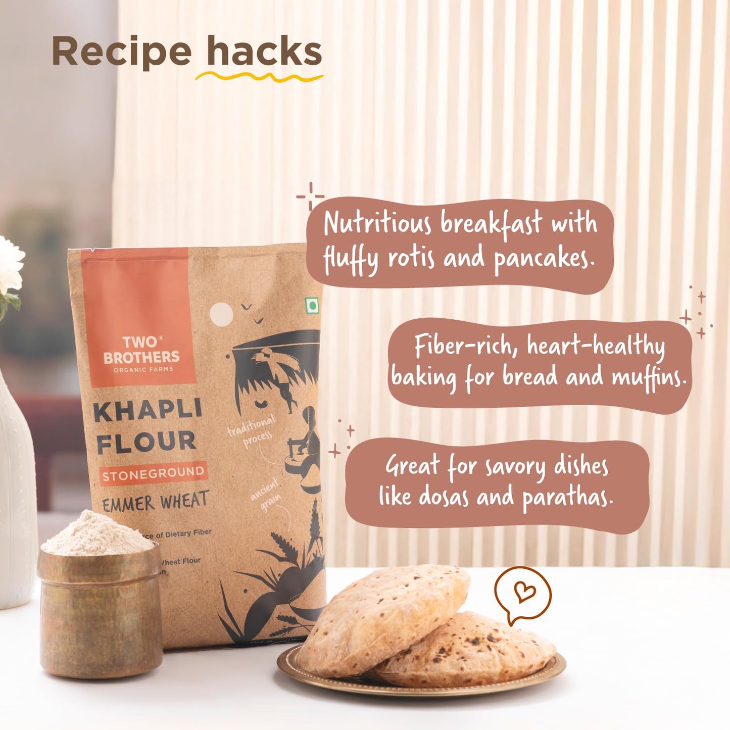 Two Brothers Organic Farms - Khapli Wheat Flour (1 kg) | High Dietary Fiber for Easy Digestion | Stoneground Emmer Wheat Flour | Khapli Atta