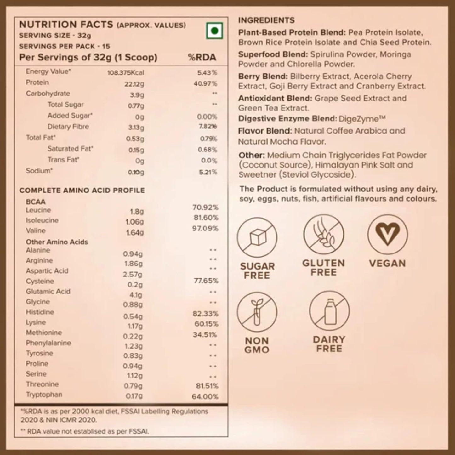 Wellbeing Nutrition Organic Vegan Plant Protein Isolate Powder | 22g Protein, 5g BCAA European Pea & Brown Rice Protein | Superfoods, Fiber for Muscle Growth & Recovery | Italian Cafe Mocha - 500gm