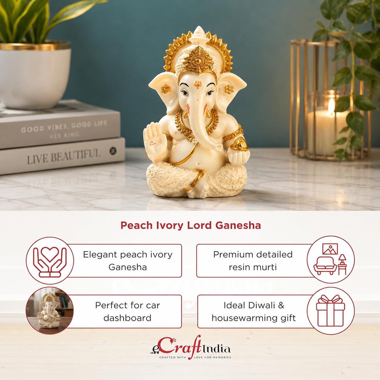eCraftIndia Peach Ivory Finish Lord Ganesha Statue for Car Dashboard, Home Decor, Office Desk & Puja Room | Ganesh Murti Gift