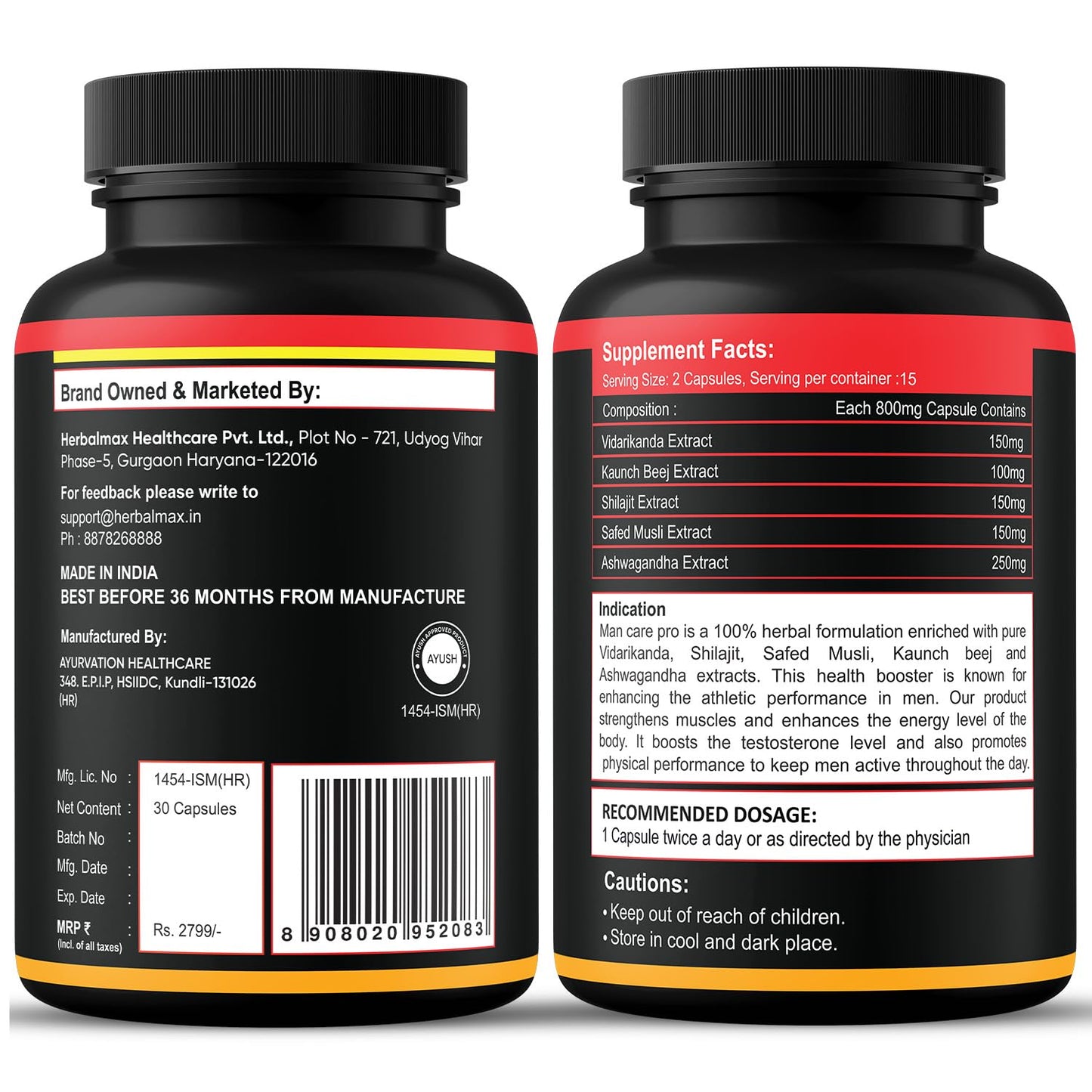 Herbalmax ManCare Pro Capsules – 800mg | With Safed Musli, Shilajit, Ashwagandha, Vaidarikandra & Kaunch Beej Extract | Supports Muscle Strength, Stamina & Physical Performance – 30 Capsules