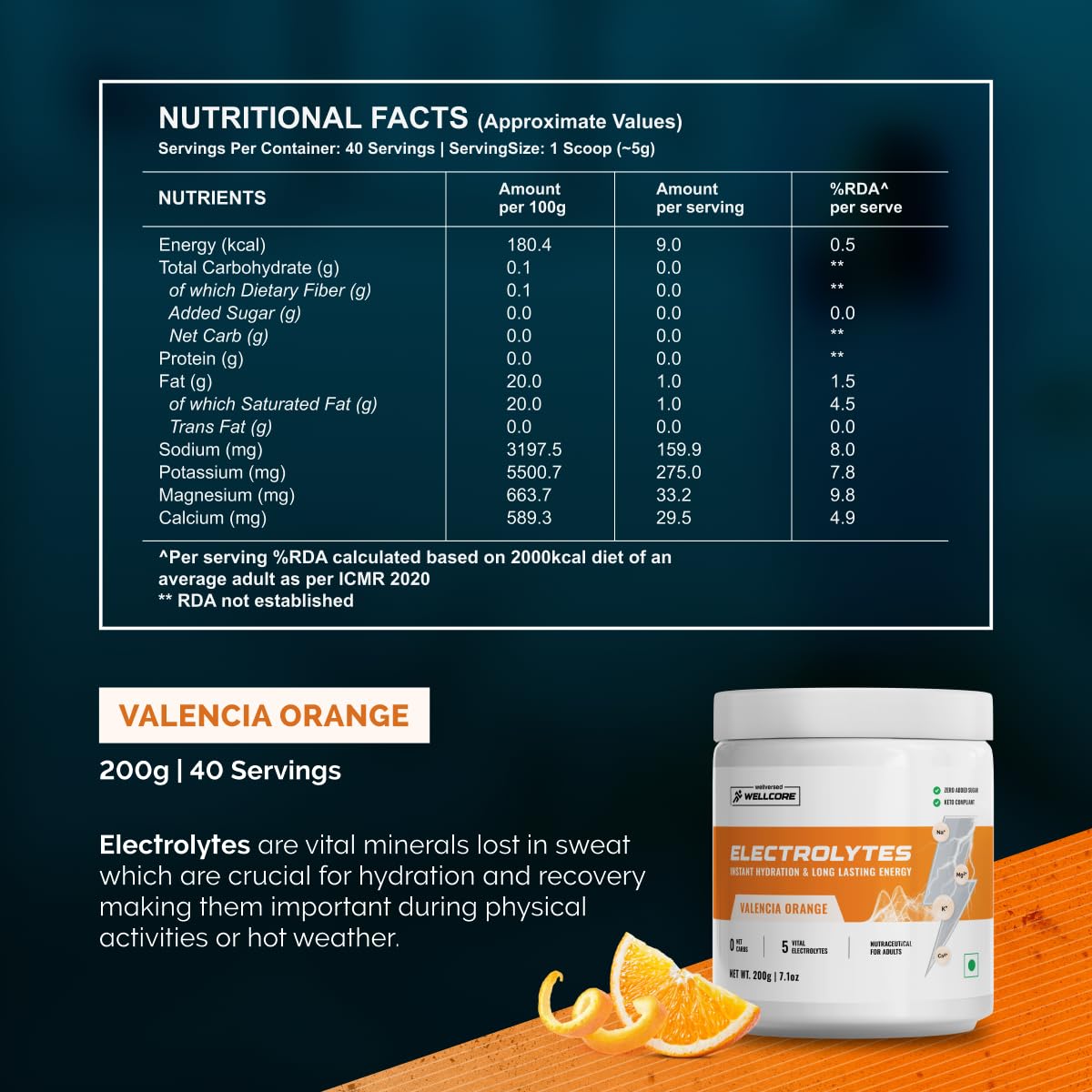 Wellcore - Electrolytes (200g) | Orange |Electrolyte Drink With 5 Vital Electrolytes: Na, Mg, Ca, K, PO4 |Sugar Free Electrolyte Powder|Fat Fuel Powered for Sustained Energy|Keto Electrolyte